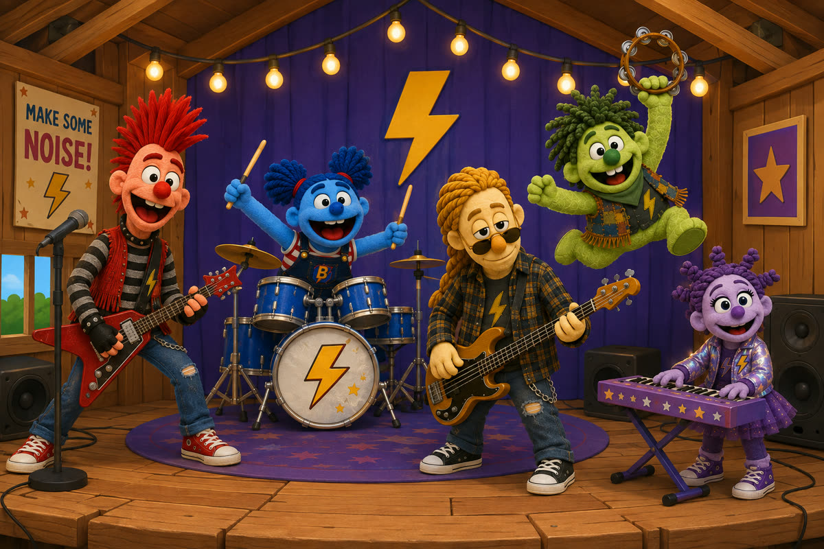 Ziggy, Boom, Pluck, Sparkle, and Tango performing on the Wobble Treehouse stage
