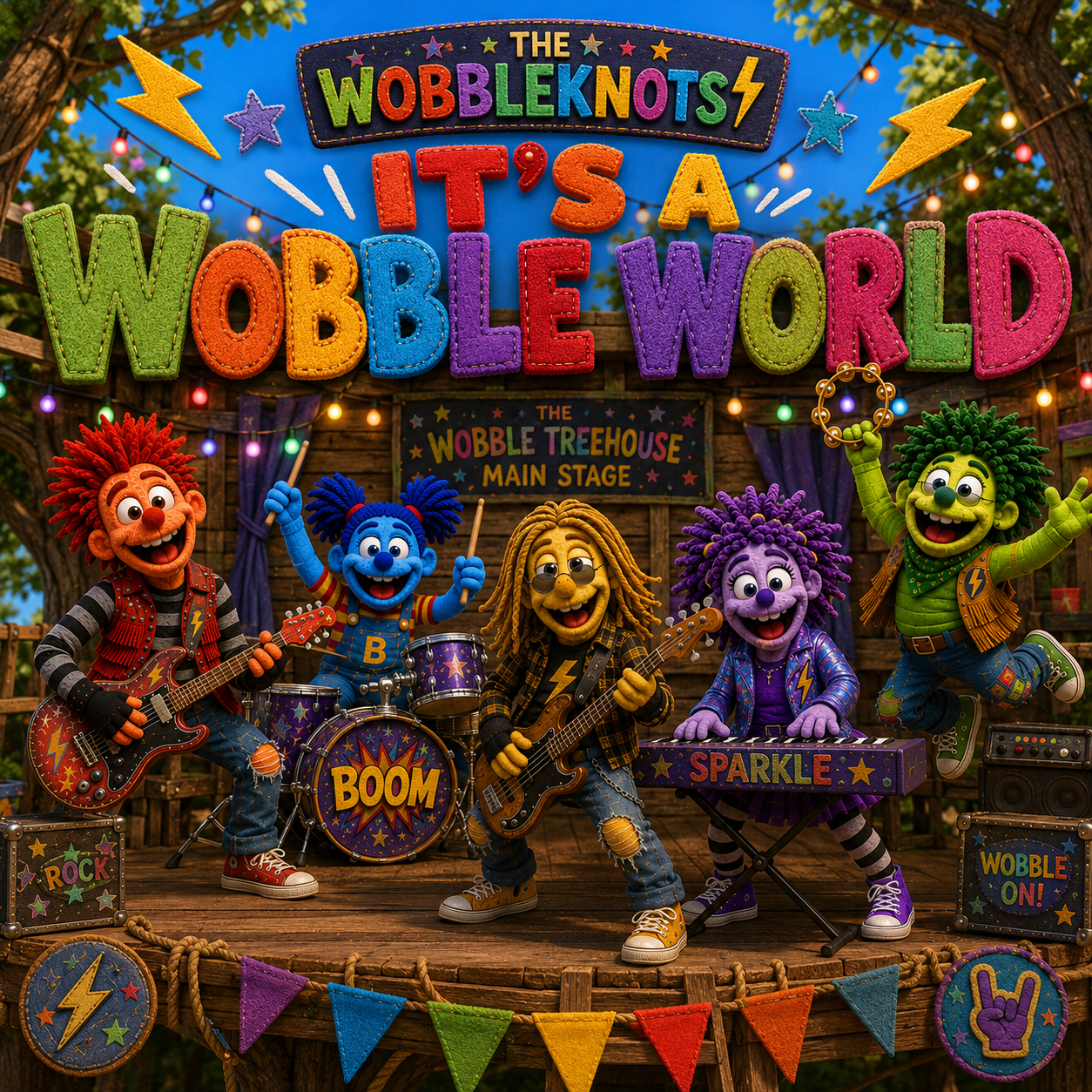 It's a Wobble World album cover — The Wobbleknots performing on the Wobble Treehouse stage